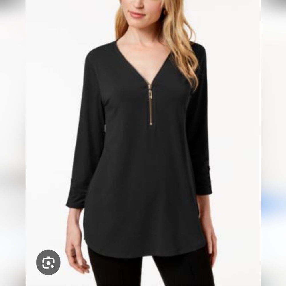 JM Collection Blouse Zipper Trim 3/4 Sleeves With ruching & Roll Tabs Size M